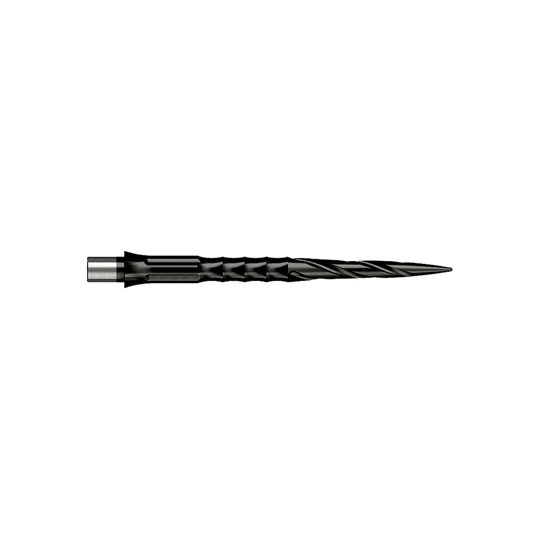 Caliburn System Steeldartspitzen - Spiro - No Lip - Black Das Bild zeigt Caliburn Evo System Steeldartspitzen Spiro NoLip Black mit einer Länge von 32 mm. Diese schwarzen Dartspitzen sind robust und modern gestaltet.