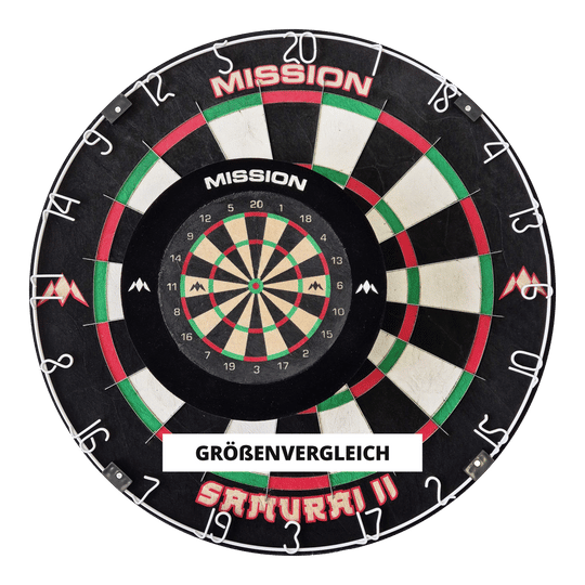 Das Bild zeigt das Mission Mini Samurai Desktop Dartboard Set. In der Mitte des Bildes befindet sich ein kleineres Dartboard als Größenvergleich.