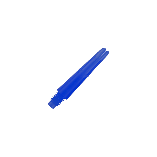 Auf dem Bild ist ein gerader, blauer Dart-Schaft ohne Kappen zu sehen. Er hat ein Gewinde am unteren Ende und ist 26 mm lang.
