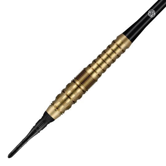 Shot Redline Gizmo Softdarts - 20g Das Bild zeigt einen Shot Redline Gizmo Softdart mit einem Gewicht von 20 Gramm. Der Dartpfeil hat einen goldfarbenen, geriffelten Griffbereich und eine schwarze Spitze.
