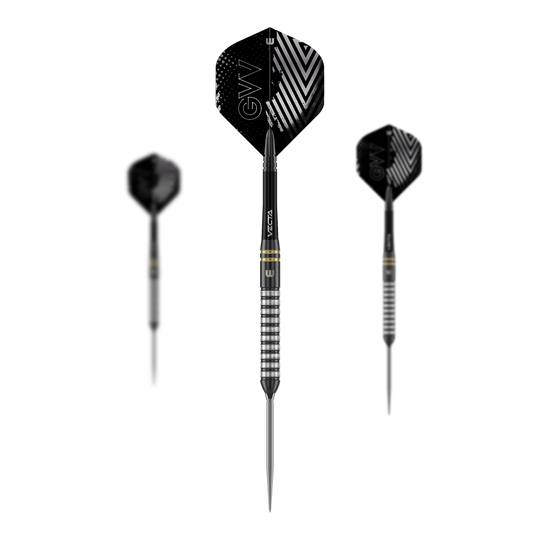Zu sehen sind Winmau Gian Van Veen TS Switch Point Steeldarts als Set. Das Bild zeigt mehrere Darts nebeneinander.