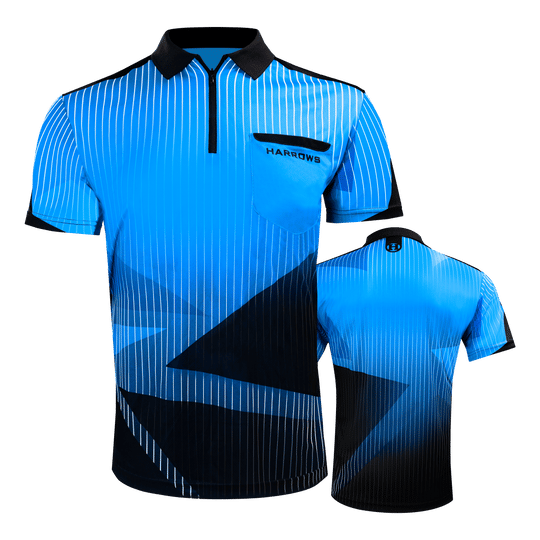 Harrows Shard Dartshirt - Blau Das Bild zeigt das "Harrows Shard Dartshirt - Blau" von vorne und von hinten. Das Hemd ist blau mit schwarzen und weißen Akzenten sowie einem modernen Streifenmuster.