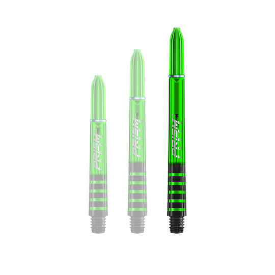 Auf dem Bild sind drei grüne Dartschäfte mit schwarzen Streifen zu sehen. Sie unterscheiden sich in ihrer Länge und tragen den Schriftzug "Prism Force".