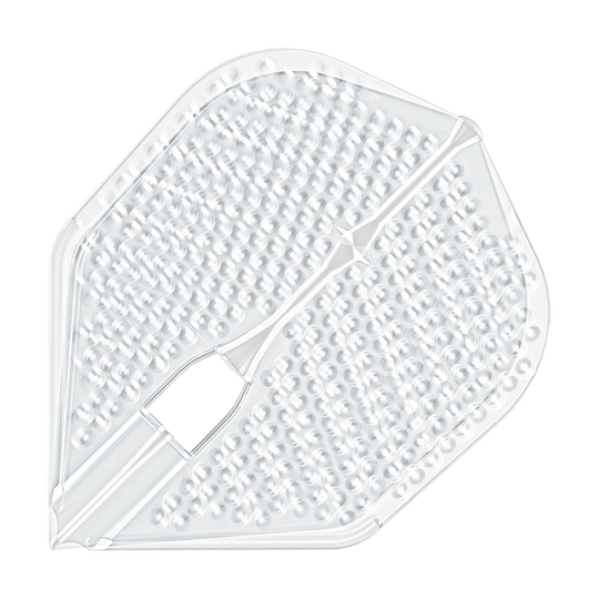 L-Style Flights Dimple Champagne L3PRO Shape Das Bild zeigt ein durchsichtiges Dartflight mit einer dimpled (genoppten) Oberfläche. Es handelt sich um das Produkt "L-Style Flights Dimple Champagne L3PRO Shape".