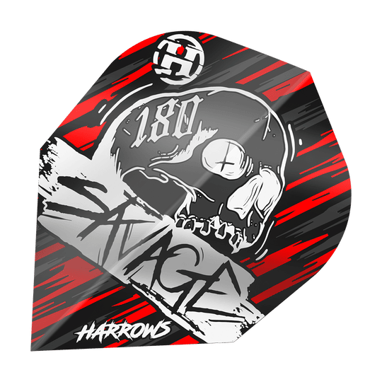Das Bild zeigt ein Dartflight mit einem Totenkopf-Design und der Aufschrift "SAVAGE" sowie "180". Die Farben sind hauptsächlich rot, schwarz und silber, und unten steht das Logo "Harrows".