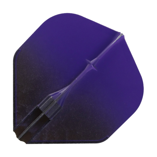 Das Bild zeigt ein Dartflight in Schwarz und Lila. Es hat eine glatte, abgerundete Form mit einem zweifarbigen Design.