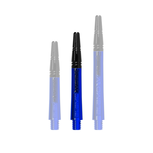 Das Bild zeigt drei blaue Dartschäfte mit schwarzen Spitzen in unterschiedlichen Längen. Sie stehen aufrecht nebeneinander vor einem weißen Hintergrund.
