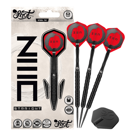 Shot ZEN Straight Turbo Point Steeldarts - 23g Das Bild zeigt Shot ZEN Straight Turbo Point Steeldarts - 23g in voller Länge. Die Steeldarts werden vollständig dargestellt.