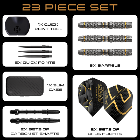 Harrows Opus Quick Point Steeldarts Auf dem Bild sind die Harrows Opus Quick Point Steeldarts mit 23g zu sehen. Diese Darts eignen sich für das Steeldartspiel.