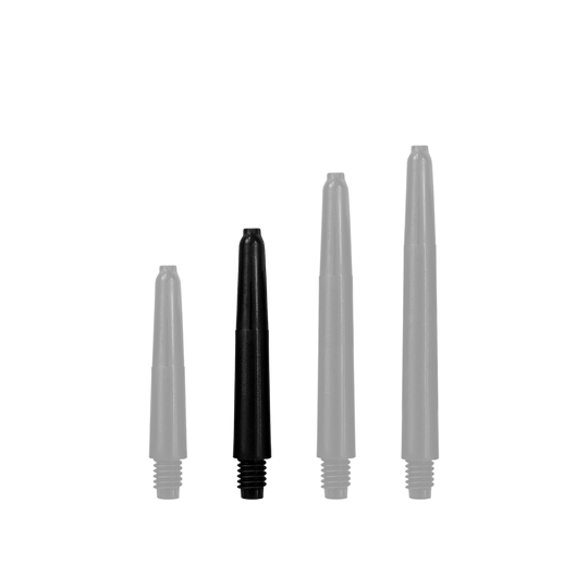 Das Bild zeigt vier schwarze Nylon Shafts in unterschiedlichen Längen. Sie sind gerade und verfügen am unteren Ende über ein Schraubgewinde.