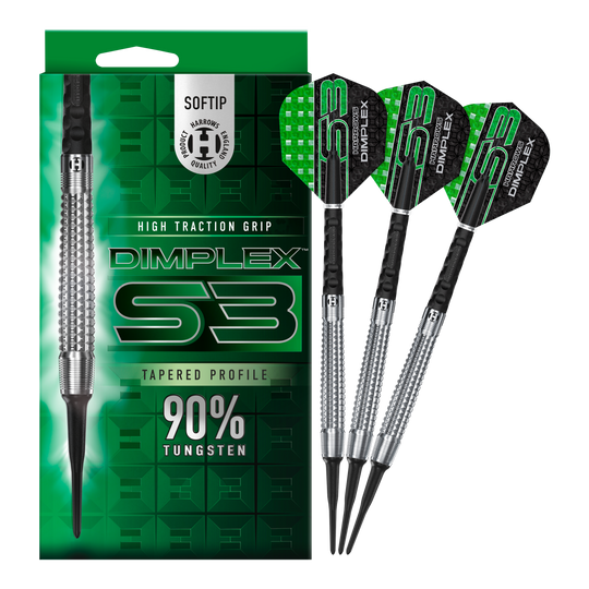 Harrows Dimplex S3 Tapered Softdarts Das Bild zeigt eine Packung und drei Softdarts der Marke "Harrows Dimplex S3 Tapered". Die Darts bestehen zu 90 % aus Tungsten und haben eine hohe Grifftraktion.