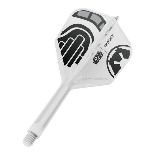 Ein Dart-Flight aus der Star Wars KFlex Stormtrooper No6 Serie ist auf dem Bild. Der Flight ist intermediate und misst 26 mm.