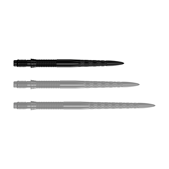 Das Bild zeigt eine Reihe von schwarzen Dartspitzen mit der Bezeichnung 30mm. Die Spitze ist für den Einsatz in Darts geeignet.