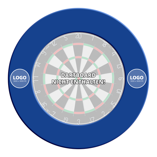Surround mit Wunschdruck Abgebildet ist ein rundes, blaues Dartboard Surround mit Logo. Das Produkt hat ein mittiges Loch und ist für Darts geeignet.