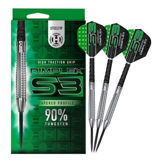Harrows Dimplex S3 Tapered Steeldarts Ein weiteres Bild der Harrows Dimplex S3 Tapered Steeldarts. Die Darts liegen nebeneinander.