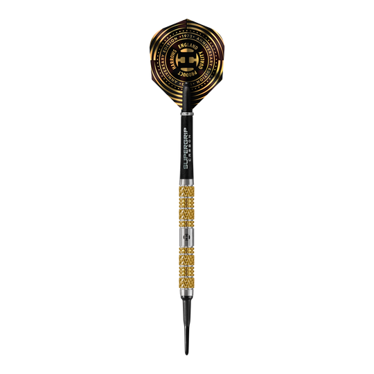 Harrows Anniversary Edition Atlantis Softdarts - 18g Das Bild zeigt einen Harrows Anniversary Edition Atlantis Softdart mit einem Gewicht von 18g. Der Dartpfeil hat goldene Akzente und einen schwarzen Flight mit Jubiläums-Design.