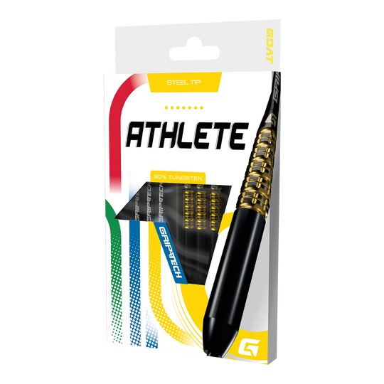 GOAT Athlete Yellow Tungsten Steeldarts Das Foto zeigt einen gelben Tungsten-Steeldart. Das Produkt wird als 'GD7000770 GOAT Athlete Yellow Tungsten Steeldarts 3' bezeichnet.