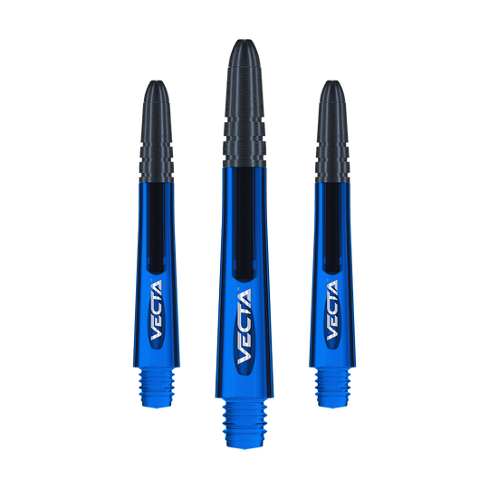 Das Bild zeigt drei blaue Winmau Vecta Shafts für Dartpfeile. Die Spitzen der Shafts sind schwarz und auf jedem Shaft steht das Wort "VECTA".