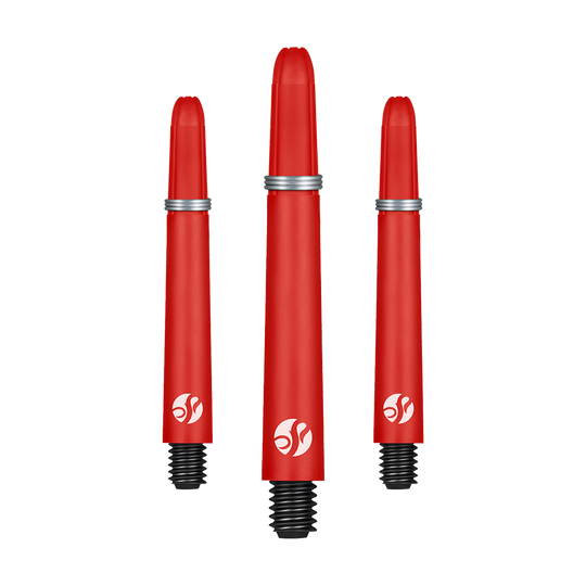 Das Bild zeigt drei rote Dartschäfte mit schwarzen Gewinden und silbernen Ringen. Alle drei Schäfte haben ein weißes Logo aufgedruckt.