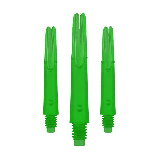 L-Style L-Shafts Locked Straight - Green 190 L-Style L-Shafts Locked Straight, spezielle Farbe, längeres Set. Das Foto zeigt drei lange Dart-Schäfte aufgereiht.
