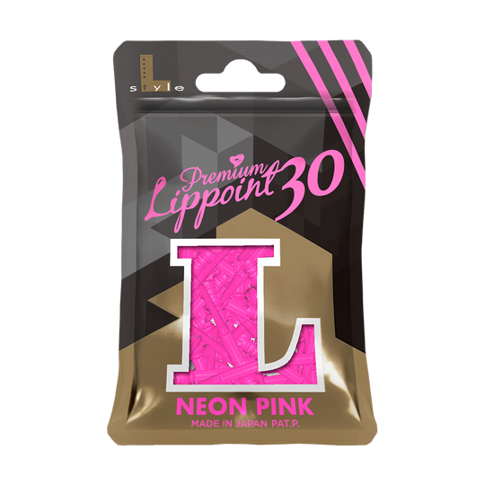 Die Abbildung zeigt eine Packung „L-Style Premium Lippoints 30 (30er Pack) - 30mm“ in Neon Pink. Die Verpackung ist schwarz-gold mit einem großen „L“ und einer Sichtöffnung, die die pinken Spitzen zeigt.