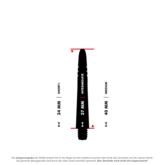 Das Bild zeigt die Längenangaben der Winmau Vecta Shafts in den Varianten Short+, Intermediate und Medium. Die Längen werden zwischen dem Ende des Gewindes und der oberen Kante gemessen, das Gewinde ist nicht mit eingerechnet.