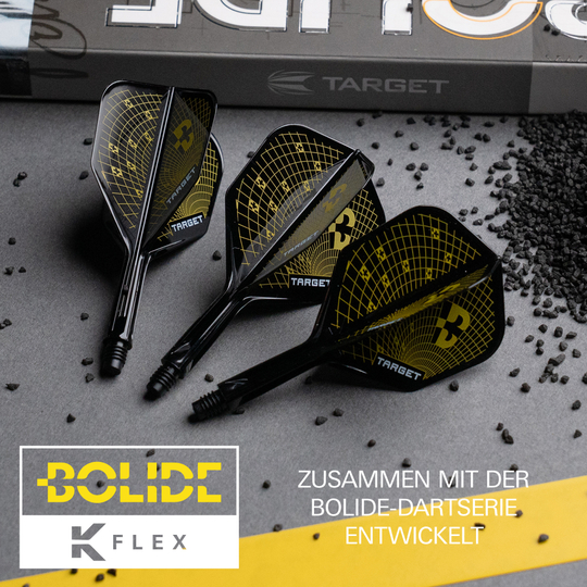 Das Bild zeigt die Target K-Flex Bolide No6 Flights. Diese Flights sind für alle Dartspieler geeignet.