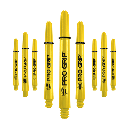 Das Bild zeigt neun gelbe Dartschäfte mit der Aufschrift "PRO GRIP". Sie sind in drei Reihen angeordnet und haben schwarze Ringe zur Befestigung.