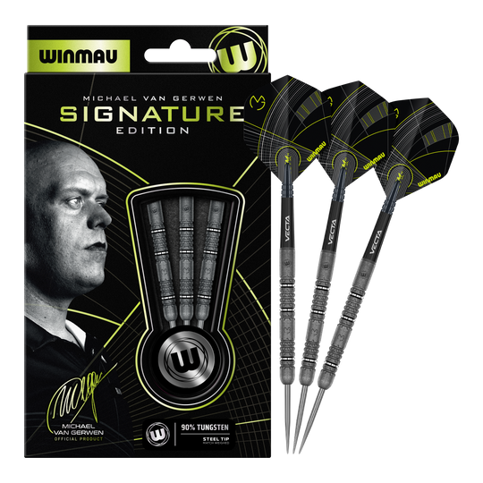 Winmau Michael Van Gerwen Signature Edition Steeldarts Zu sehen sind die Winmau Michael Van Gerwen Signature Edition Steeldarts. Das Produkt wurde in Zusammenarbeit mit dem Dartspieler Michael Van Gerwen entwickelt.