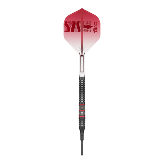 Gezeigt wird der Target Nathan Aspinall 95K Softdarts - 18g. Der Dartpfeil ist sorgfältig verarbeitet und liegt gut in der Hand.
