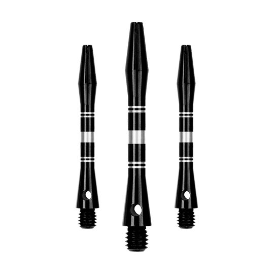 Ringed Aluminium Shafts - Schwarz Silber Dieses Bild zeigt ein Set von Aluminium Shafts in Schwarz und Silber. Mehrere Komponenten des Sets sind sichtbar dargestellt.