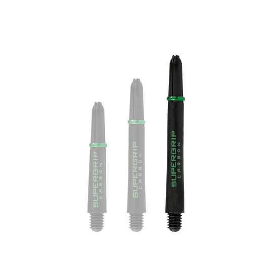 Das Bild zeigt drei grüne Harrows Supergrip Carbon Shafts in unterschiedlichen Längen. Die Shafts sind schwarz mit grüner Beschriftung und grünen Akzenten.