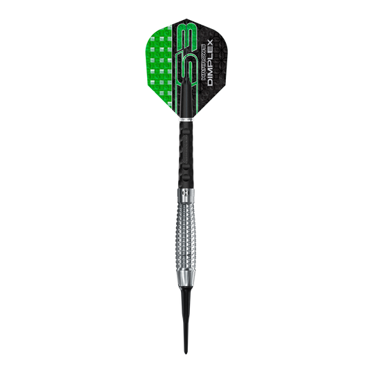 Harrows Dimplex S3 Bomb Softdarts Das Bild zeigt einen Harrows Dimplex S3 Bomb Softdart. Der Dart hat eine schwarze und grüne Flight sowie einen silbernen, geriffelten Barrel.