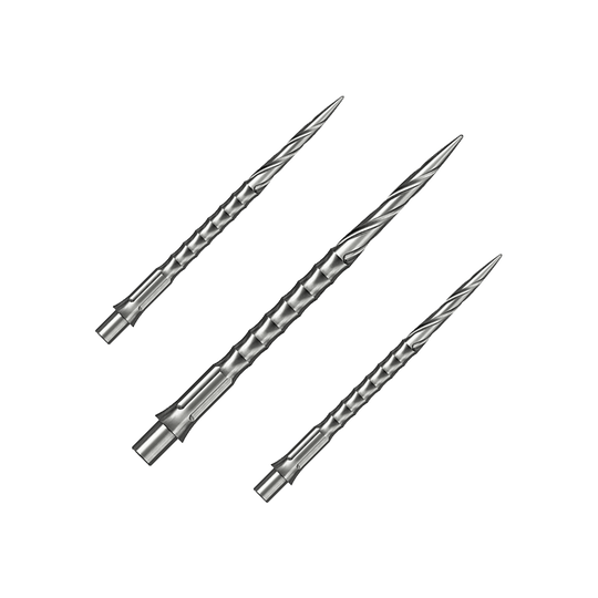 Caliburn System Steeldartspitzen - Spiro - NoLip - Silber Das Bild zeigt vermutlich eine Steeldartspitze aus Silber mit einer Länge von 36 mm. Es handelt sich um eine Spiro NoLip Spitze aus dem Caliburn Evo System.