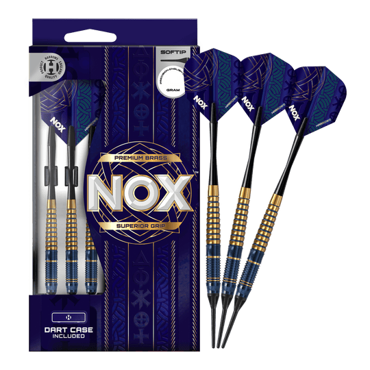 Harrows Nox Premium Brass Softdarts Das Bild zeigt die Harrows Nox Premium Brass Softdarts. Es handelt sich um hochwertige Dartpfeile für Softdart-Spieler.