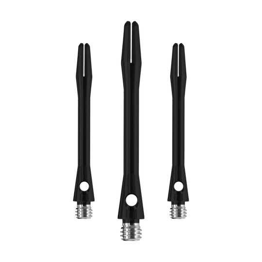 HR367_Harrows_Keramic_Shafts_Schwarz_41mm_1opZXbvCLssjsK Das Bild zeigt drei matt schwarze Harrows Keramic Shafts für Darts. Sie sind unterschiedlich lang und haben ein silbernes Gewinde am unteren Ende.