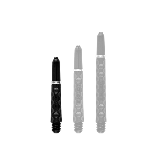 Harrows Dimplex Shafts - Schwarz Auf dem Bild sind drei schwarze Dartschäfte in verschiedenen Längen zu sehen. Sie haben eine strukturierte Oberfläche und einen silbernen Metallring.