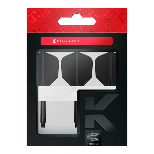 Dieses Bild zeigt eine Packung mit schwarzen Dart-Flights und Schäften von der Marke Target. Die Verpackung ist überwiegend schwarz mit einem roten Abschnitt oben und trägt die Aufschrift "K Flex No6 Shape".