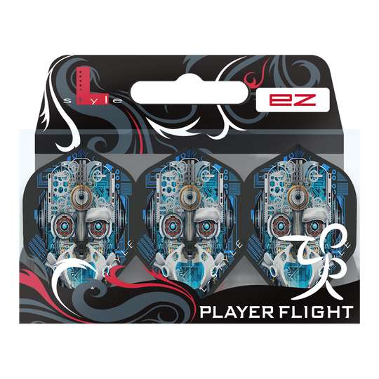 Das Bild zeigt eine Packung mit drei "L-Style Berry Van Peer V3 Black L1EZ Flights". Auf den Flights ist ein auffälliges, technisches Roboter-Gesicht in Blau- und Grautönen abgebildet.