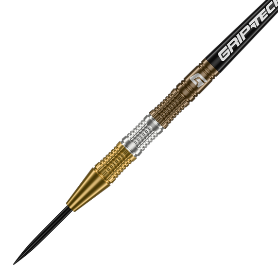 GOAT Ceremony Tungsten Steeldarts Dies ist ein GOAT Ceremony Tungsten Steeldart mit einem goldenen und silbernen Griffbereich. Auf dem Schaft steht das Wort "GRIPTECH".