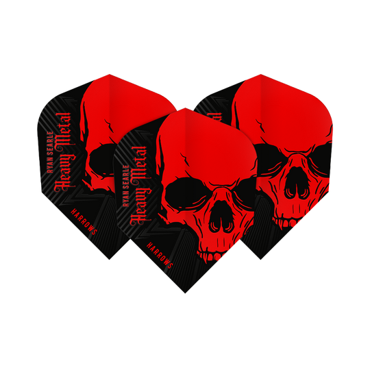 Harrows Ryan Searle Heavy Metal No6 Flights Das Bild zeigt die Harrows Ryan Searle Heavy Metal No6 Flights. Die Flights sind schwarz und rot gestaltet und zeigen einen auffälligen Totenkopf mit dem Schriftzug "Heavy Metal".