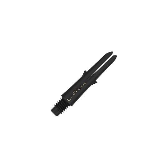 L-Style Carbon Shafts 130 Das Bild zeigt einen schwarzen Dart-Schaft aus Carbon mit der Aufschrift "L-style". Der Schaft ist ohne Kappen und hat ein Gewinde am unteren Ende.