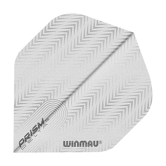 Das Bild zeigt ein Winmau Prism Delta 6915.204 Standard Dartflight. Das Flight ist silberfarben mit einem Zickzack-Muster und trägt die Aufschriften "PRISM DELTA" und "WINMAU".