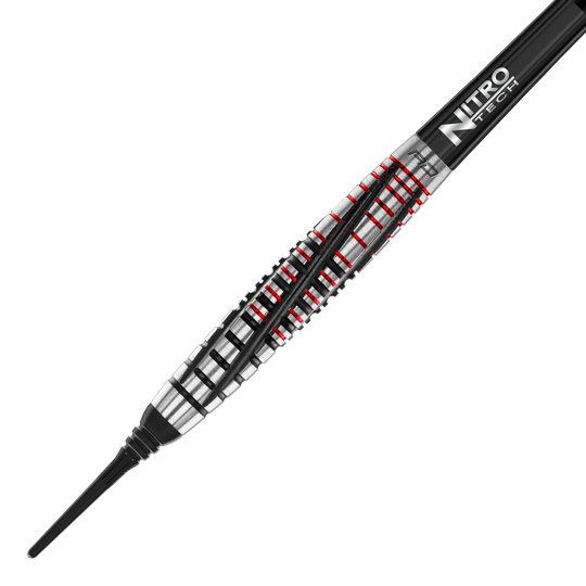 Red Dragon Rifle Softdarts - 20g Das Bild zeigt einen Red Dragon Rifle Softdart mit einem Gewicht von 20 Gramm. Der Dartpfeil hat ein silbernes und schwarzes Design mit roten Akzenten.