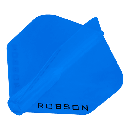 Dieses Bild zeigt ein blaues Dartflight mit der Aufschrift "ROBSON". Das Flight hat eine klassische Form und ist vollständig in Blau gehalten.