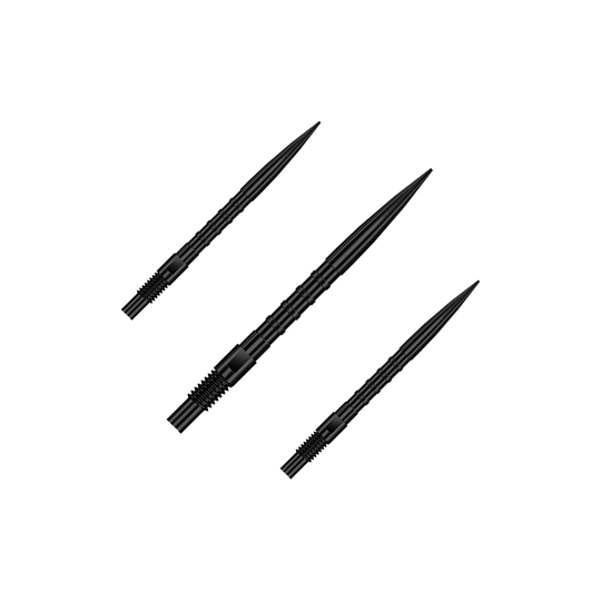 Harrows Quick Point Heavy Metal Dartspitzen - Schwarz Zu sehen ist QP33164 Harrows Quick Point HeavyMetalGrip Dartspitzen Schwarz 26mm 1Set. Es handelt sich um schwarze Ersatz-Dartspitzen mit speziellem Grip.