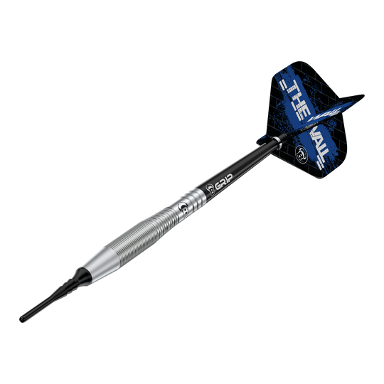 Bulls Martin Schindler TW80 Softdarts - 18g Auf dem Bild ist der Bulls Martin Schindler TW80 Softdart mit einem Gewicht von 18g zu sehen. Der Dart hat ein silbernes Barrel und schwarze Flights mit blauem Design.