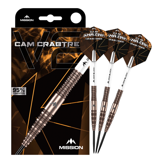 Mission Cam Crabtree V2 95% Tungsten Steeldarts Das Bild zeigt die Mission Cam Crabtree V2 Steeldarts in voller Ansicht. Es handelt sich um ein Set von Steeldarts, präsentiert von vorne.