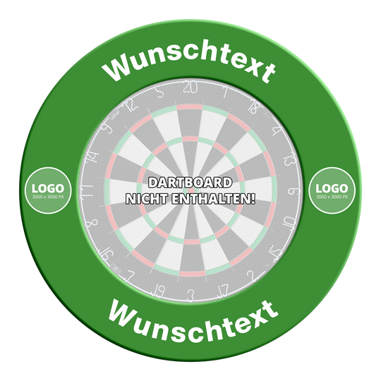 Surround mit Wunschdruck Gezeigt wird ein Dartboard-Surround in Grün mit Wunschdruck und Textlogo. Es handelt sich um einen Schutzring für Dartscheiben, der individuell gestaltet werden kann.