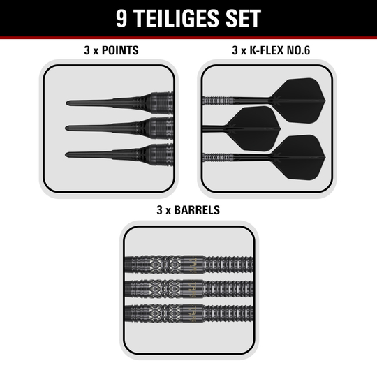 Target Black Marque Creed Softdarts - 21,5g Produktbild der Target Black Marque Creed Softdarts mit einem Gewicht von 21,5g. Die Darts sind auf hellem Hintergrund abgebildet.